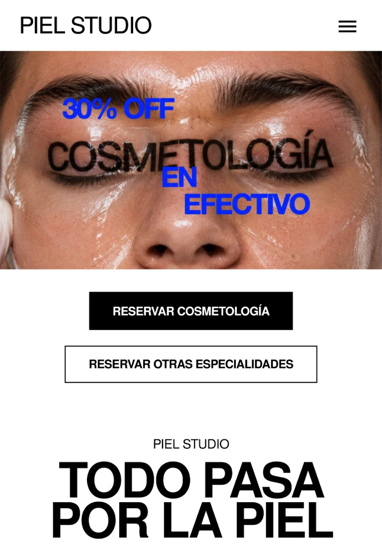 La web de Piel Studio en un celular: su logo, su foto y sus botones para reservar, con el aviso de instalar la app abajo. La marca de Cabina no aparece.